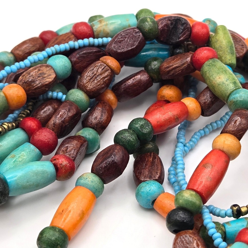Multi-strand Handmade Wood and Recycled Glass Bead Necklace Seed Beads Boho - Picture 7 of 8